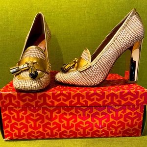 Tory Burch gold heeled loafers